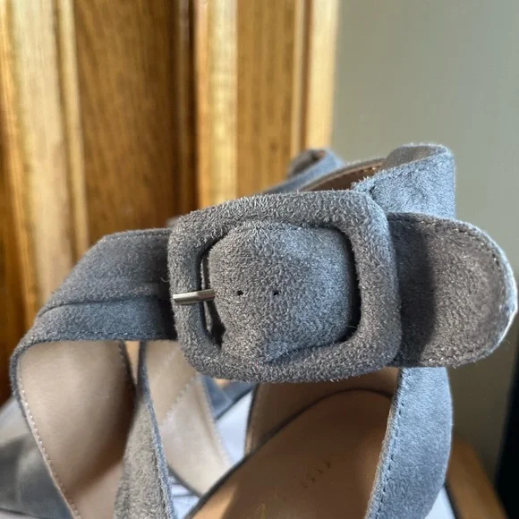 Gray Medium Suede Heel Sandals with Ankle Strap - Picture 3 of 5